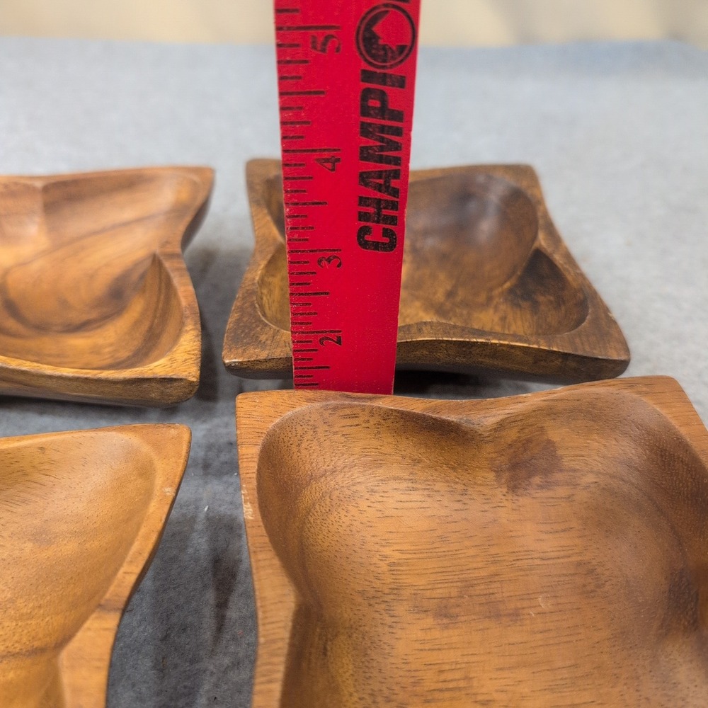 Vintage Acacia Wood Clover Snack Bowls Set of 4 Made in Philippines MCM - Picture 4 of 5